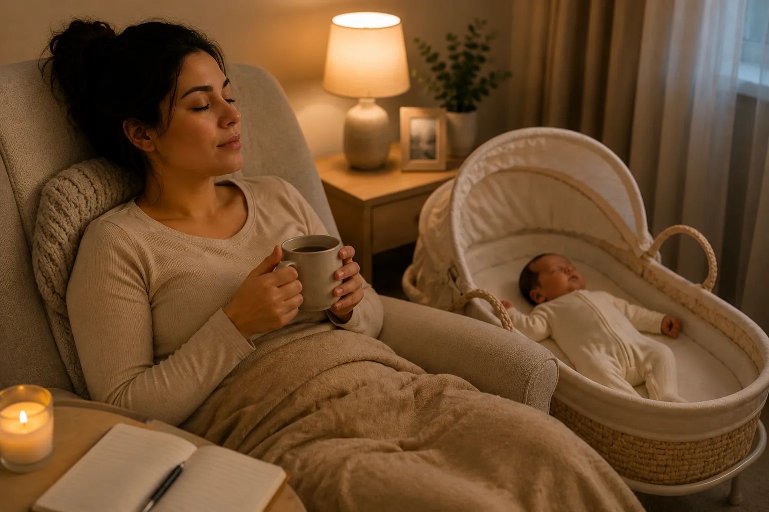 Mamá cuidándose a sí misma con su bebé descansando cerca