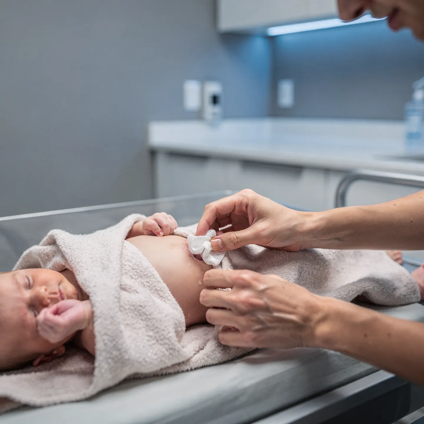 Cuidado del cordón umbilical de un recién nacido con gasa