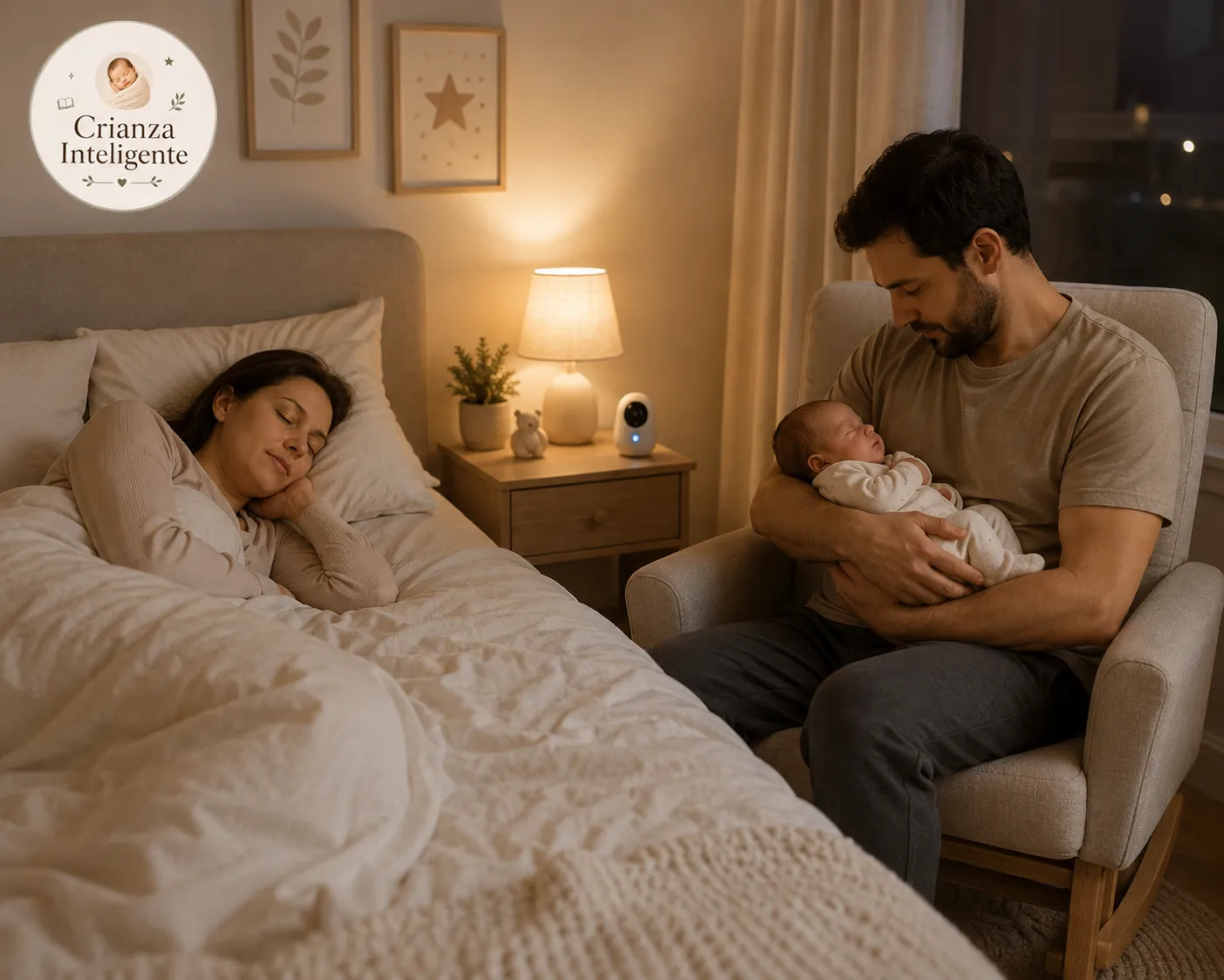 Pareja compartiendo los turnos nocturnos con su bebé